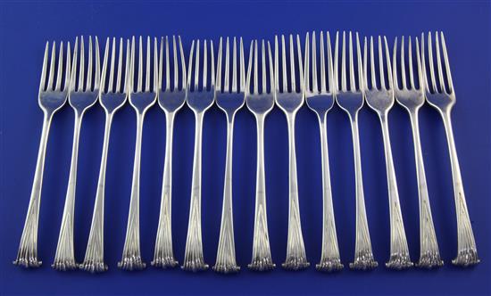 A matched set of fourteen George III silver Onslow pattern dessert forks, 17.5 oz.